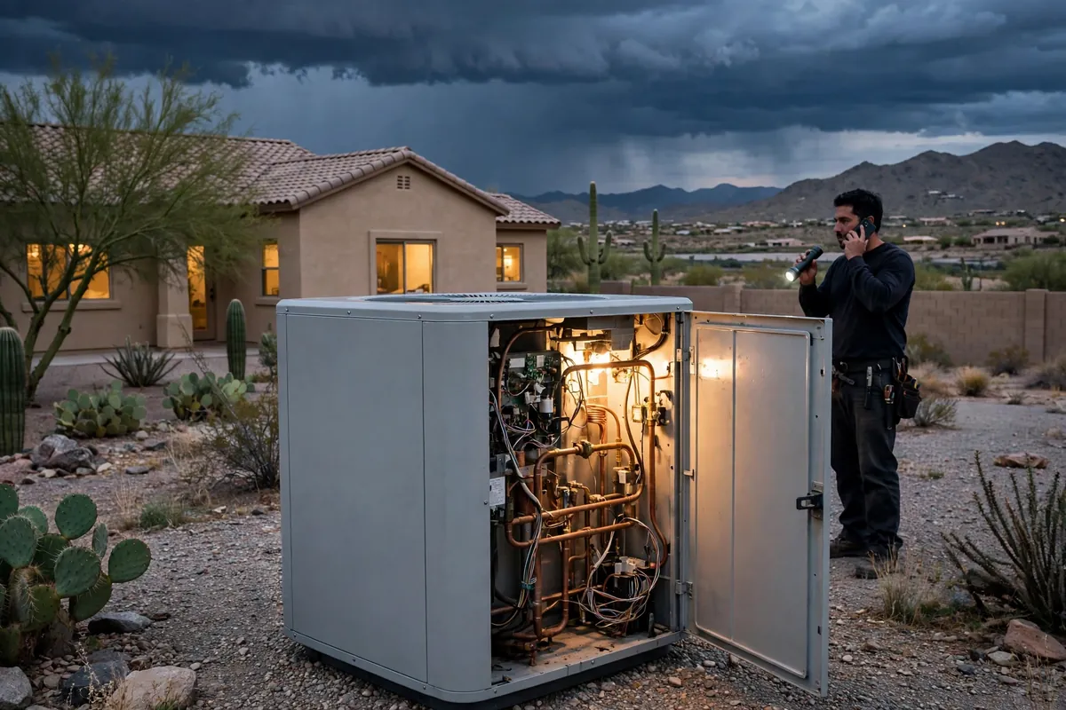 Emergency AC Repair Fort McDowell, AZ — a technician restoring cooling at dusk