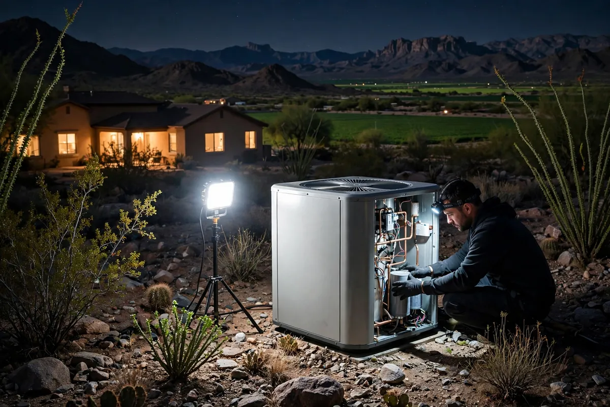 Emergency AC Repair Fort Mohave, AZ — a technician restoring cooling at dusk