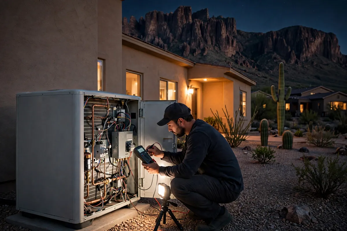 Emergency AC Repair Gold Canyon, AZ — a pro checking gauges on a failed unit