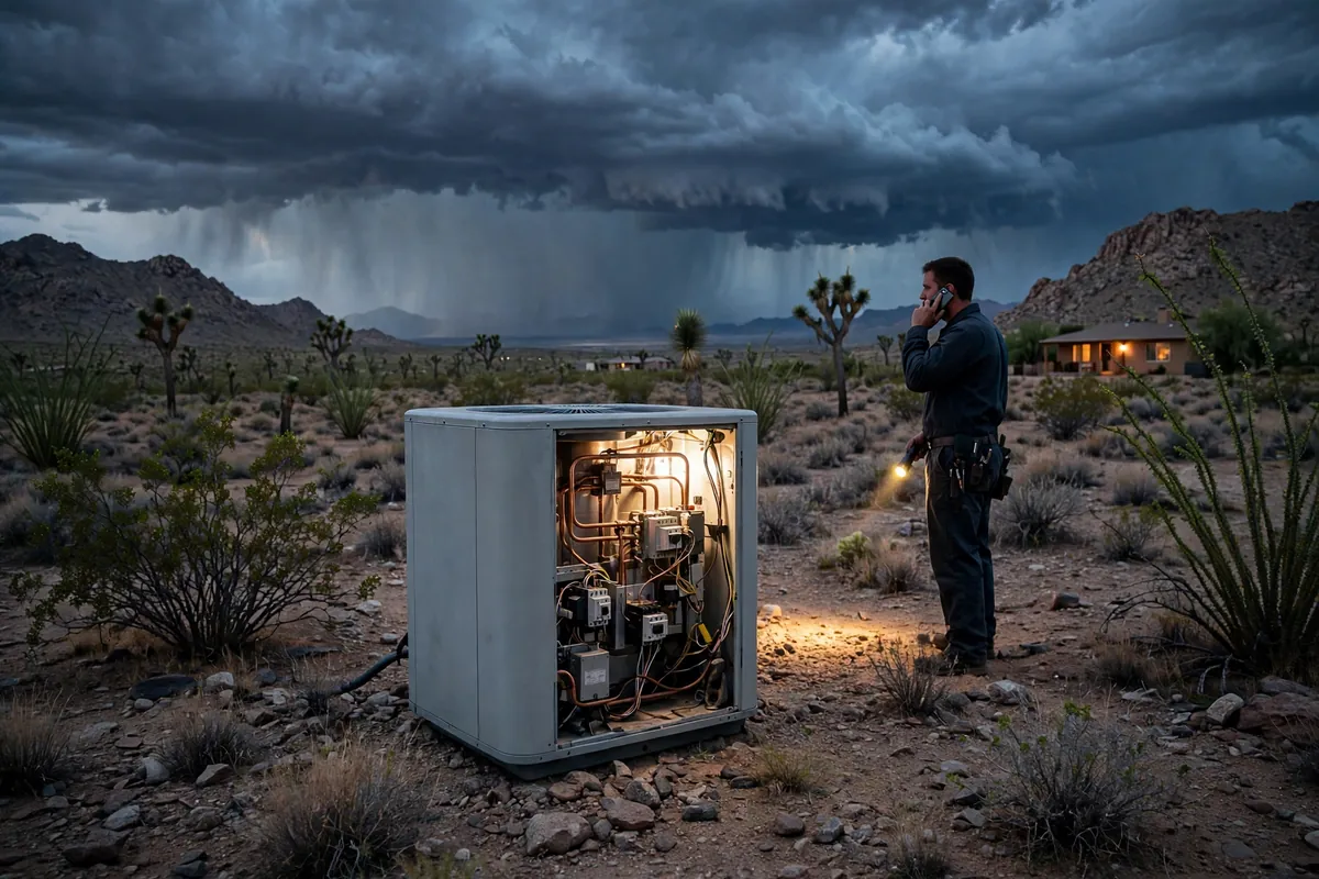 Emergency AC Repair Golden Valley, AZ — a technician restoring cooling at dusk