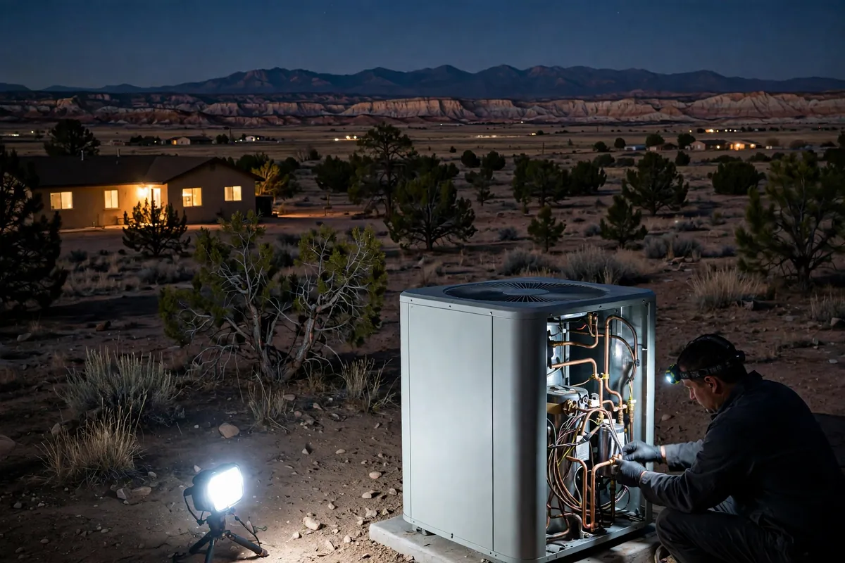 Emergency AC Repair Gray Mountain, AZ — a technician restoring cooling at dusk