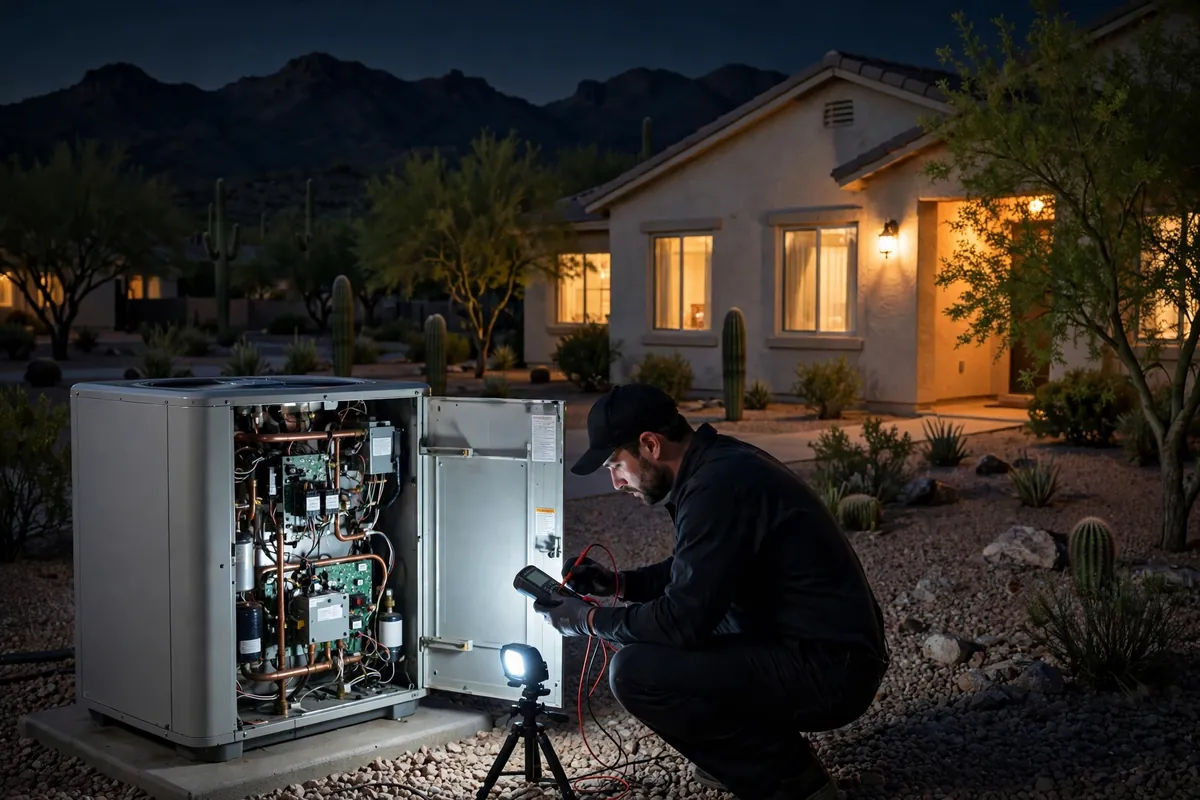 Emergency AC Repair Green Valley, AZ — a technician restoring cooling at dusk
