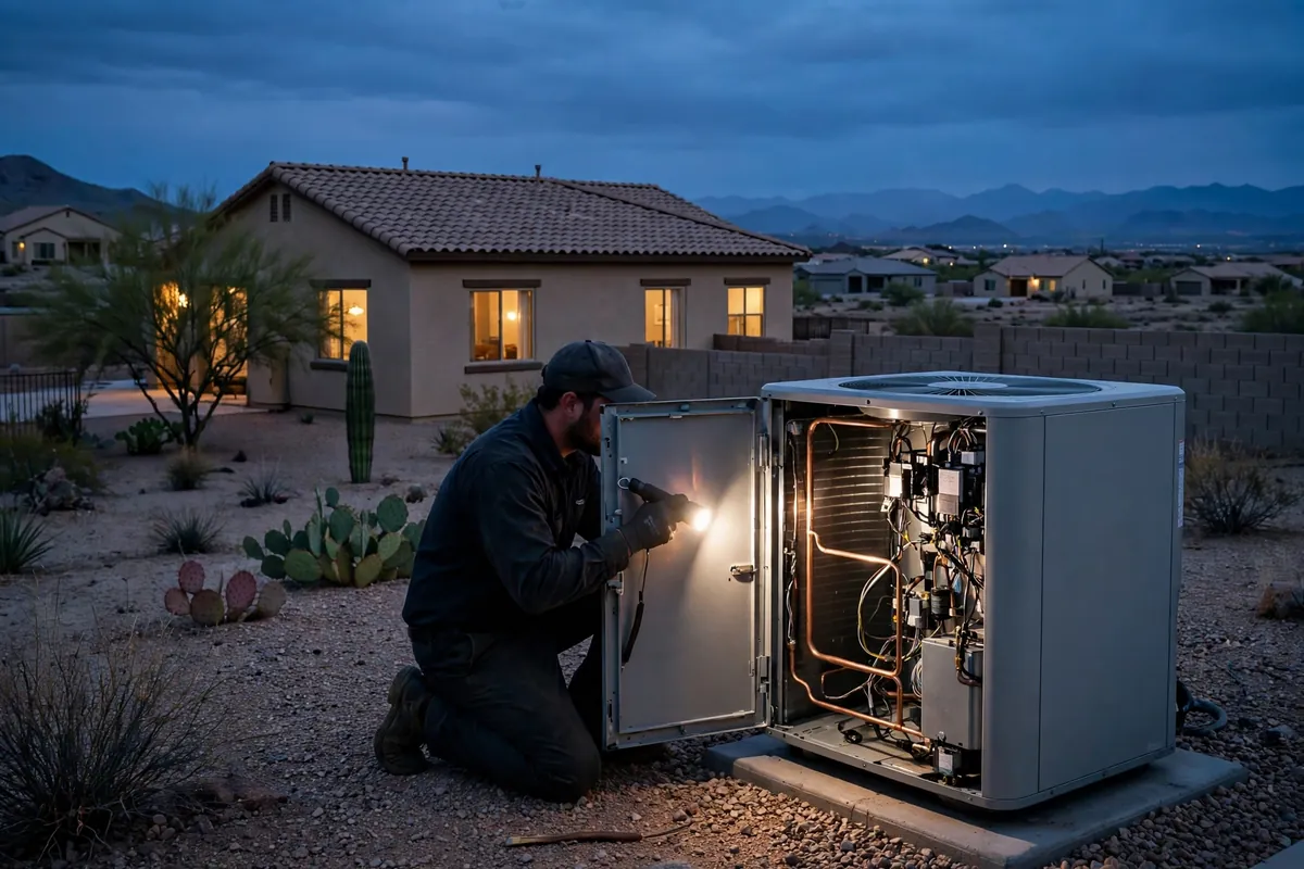 Emergency AC Repair Higley, AZ — emergency repair work on a condenser in the heat