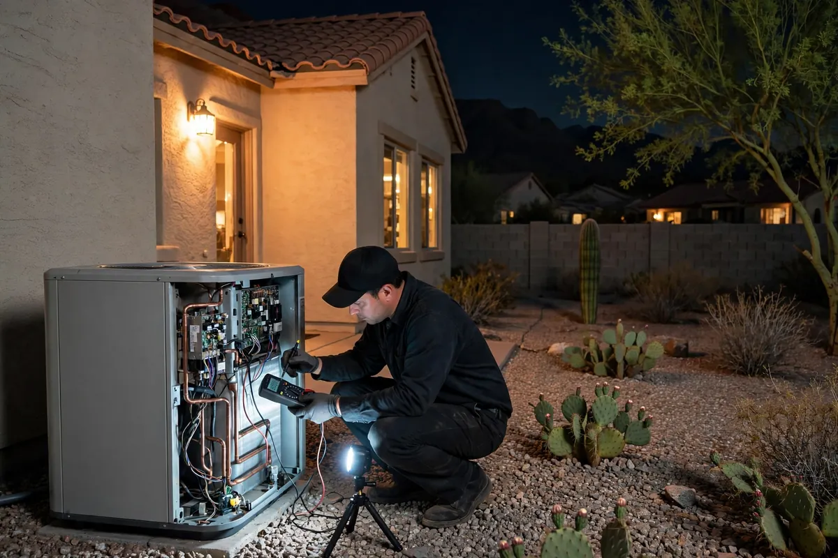 Emergency AC Repair Laveen, AZ — a technician restoring cooling at dusk