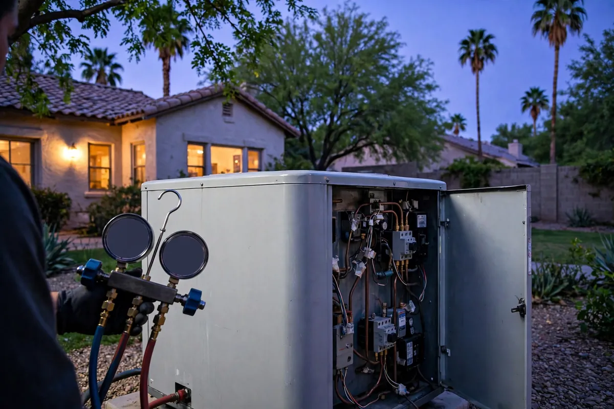 Emergency AC Repair Litchfield Park, AZ — a pro checking gauges on a failed unit