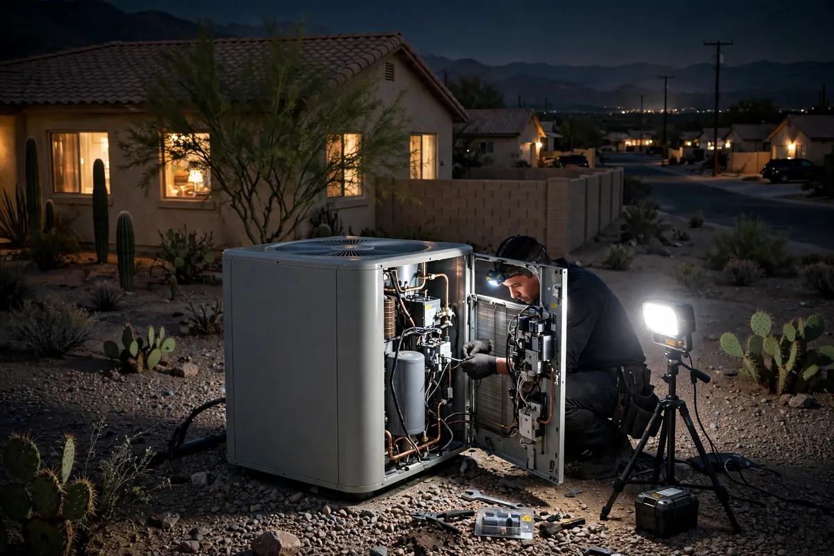 Emergency AC Repair Luke Air Force Base, AZ — a pro checking gauges on a failed unit