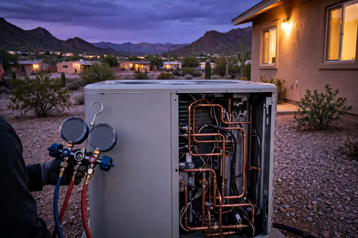 Emergency AC Repair Mammoth, AZ — emergency repair work on a condenser in the heat