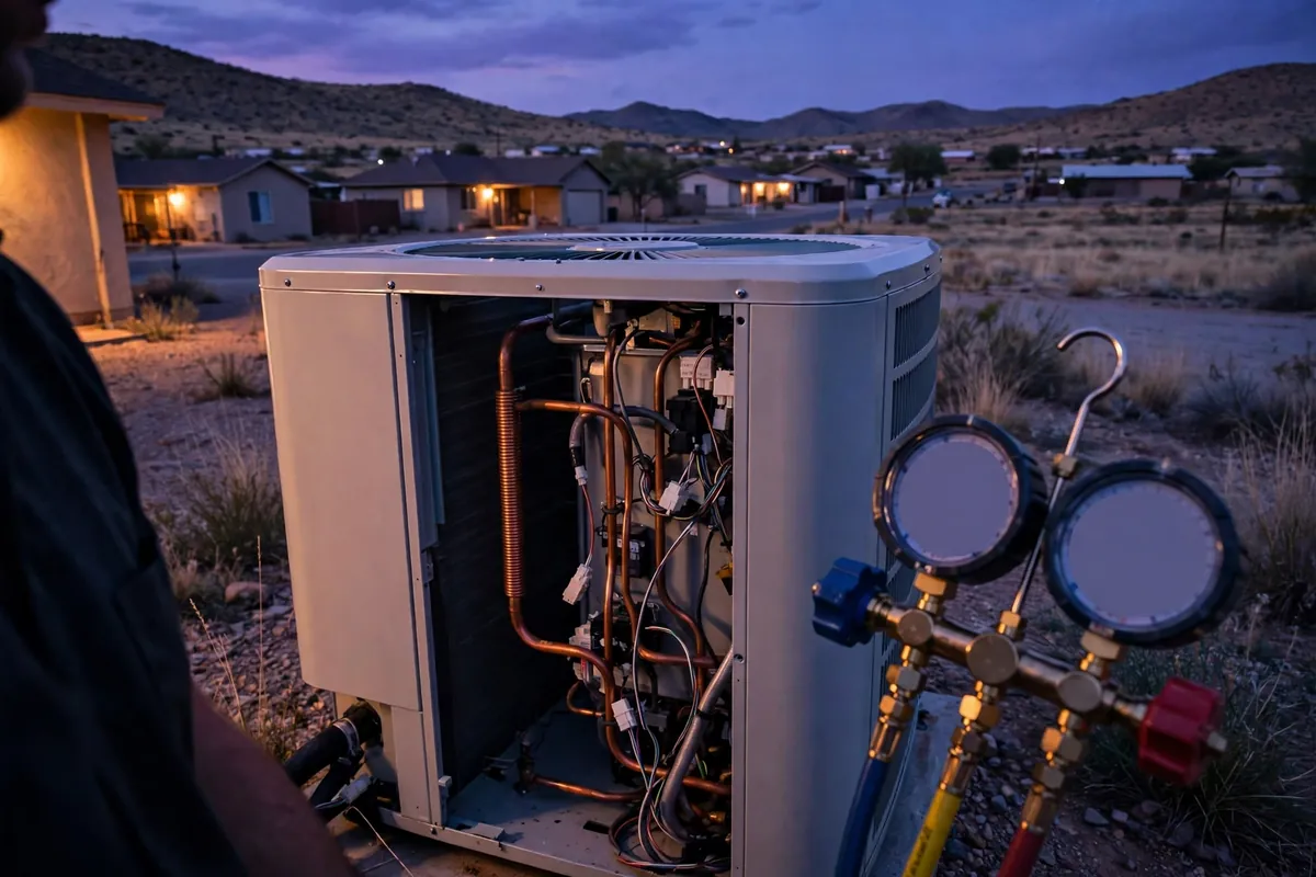 Emergency AC Repair Mayer, AZ — a technician restoring cooling at dusk