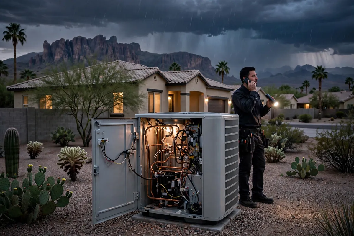 Emergency AC Repair Mesa, AZ — a technician restoring cooling at dusk