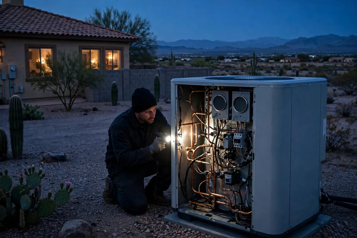 Emergency AC Repair Morristown, AZ — emergency repair work on a condenser in the heat