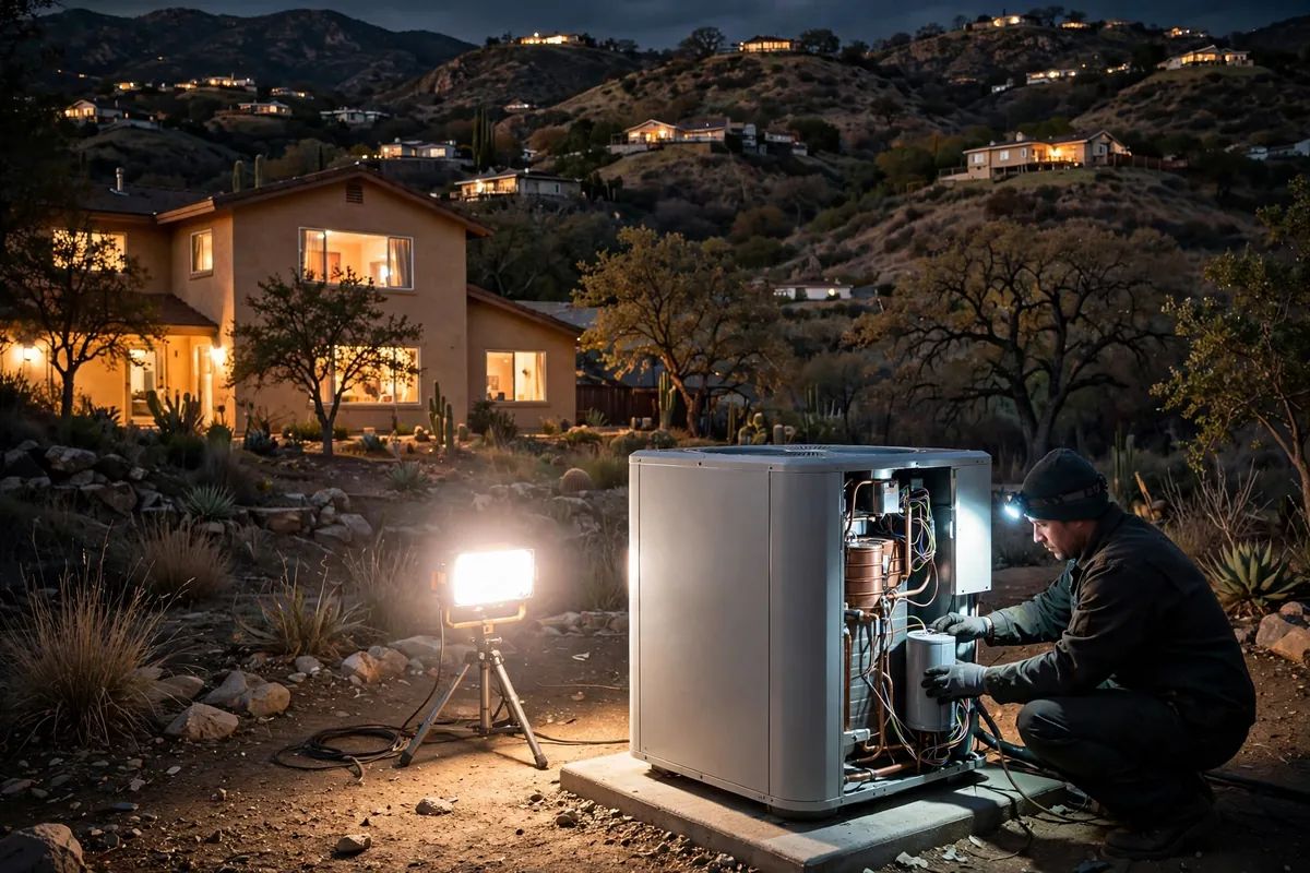 Emergency AC Repair Nogales, AZ — a technician restoring cooling at dusk