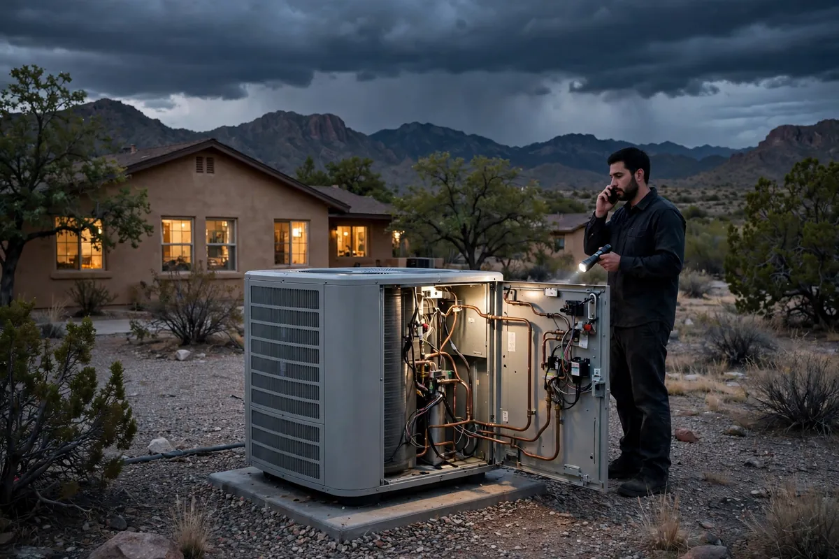 Emergency AC Repair Oracle, AZ — a technician restoring cooling at dusk