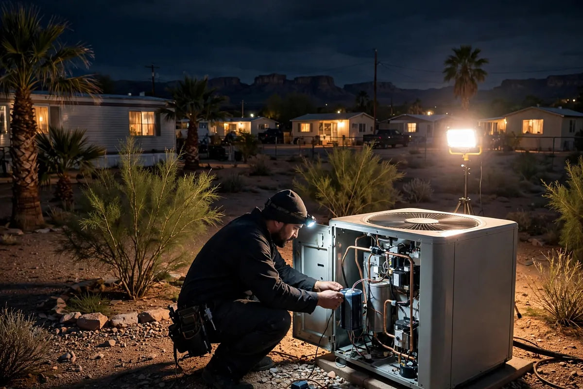 Emergency AC Repair Parker, AZ — a technician restoring cooling at dusk