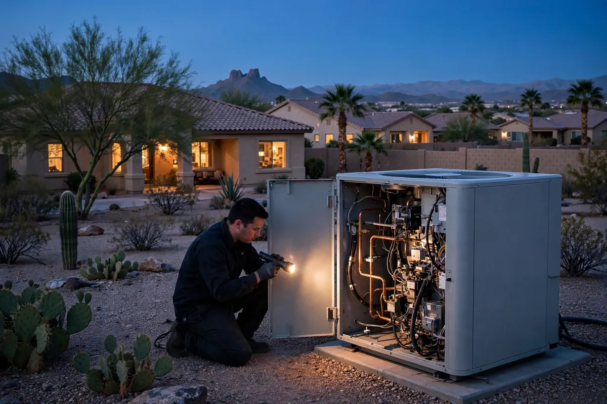 Emergency AC Repair Phoenix, AZ — a pro checking gauges on a failed unit