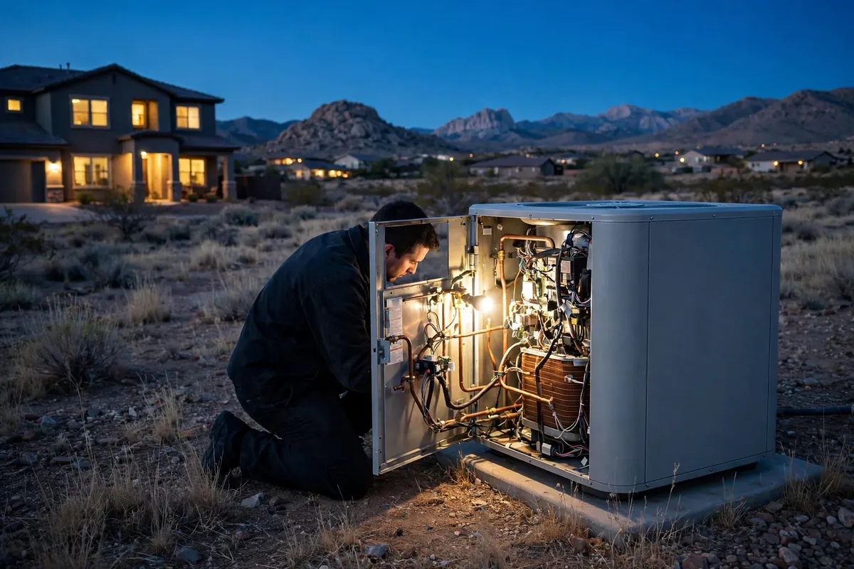 Emergency AC Repair Prescott Valley, AZ — a technician restoring cooling at dusk