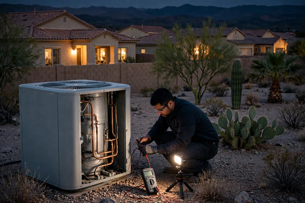 Emergency AC Repair Queen Creek, AZ — emergency repair work on a condenser in the heat