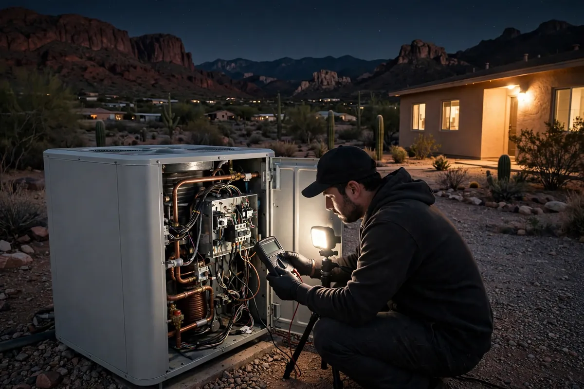Emergency AC Repair Red Rock, AZ — a technician restoring cooling at dusk