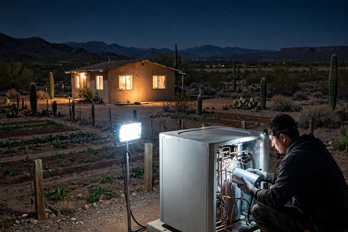 Emergency AC Repair Rillito, AZ — a technician restoring cooling at dusk