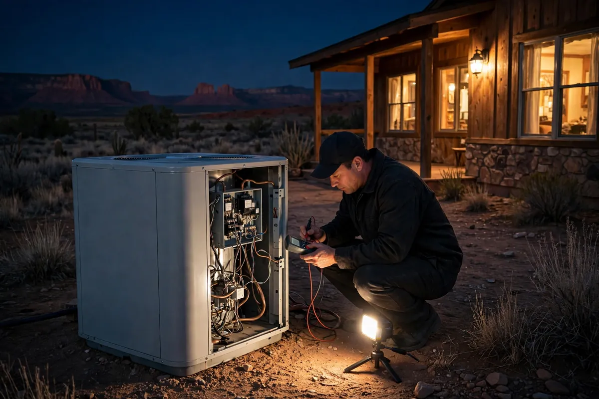 Emergency AC Repair Rimrock, AZ — a pro checking gauges on a failed unit