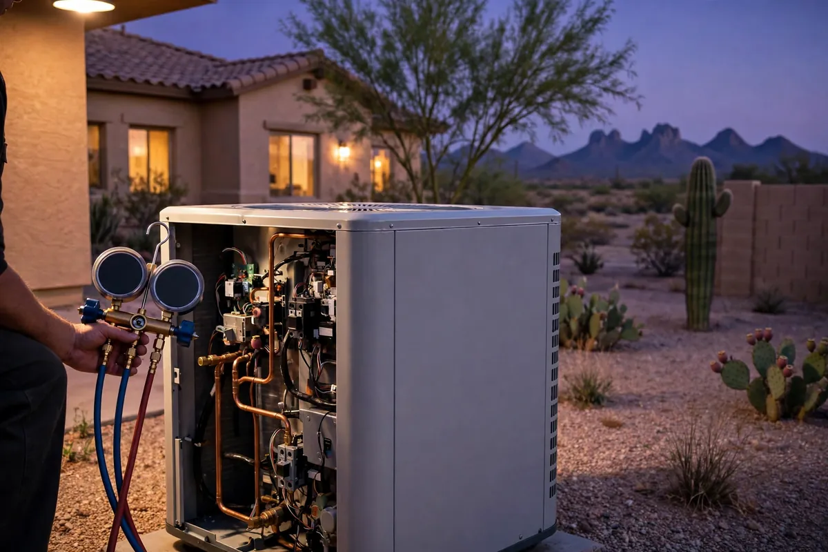 Emergency AC Repair Rio Verde, AZ — a pro checking gauges on a failed unit