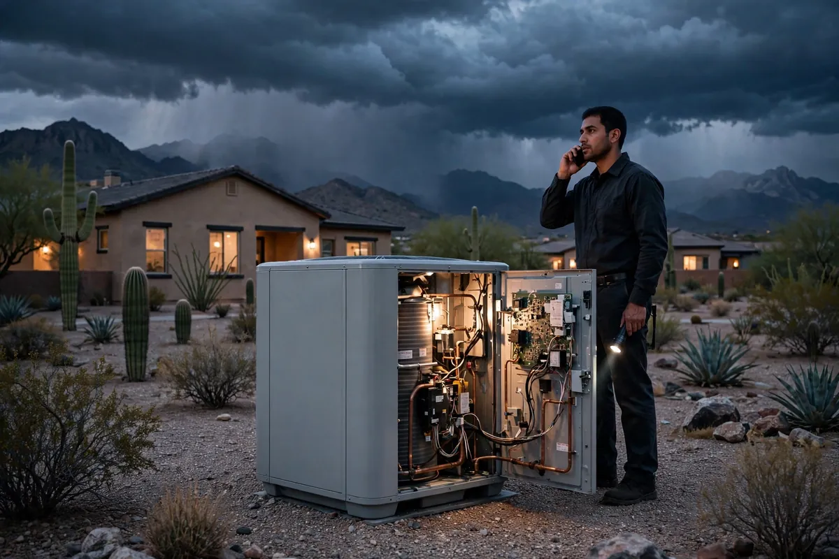 Emergency AC Repair Sahuarita, AZ — a pro checking gauges on a failed unit
