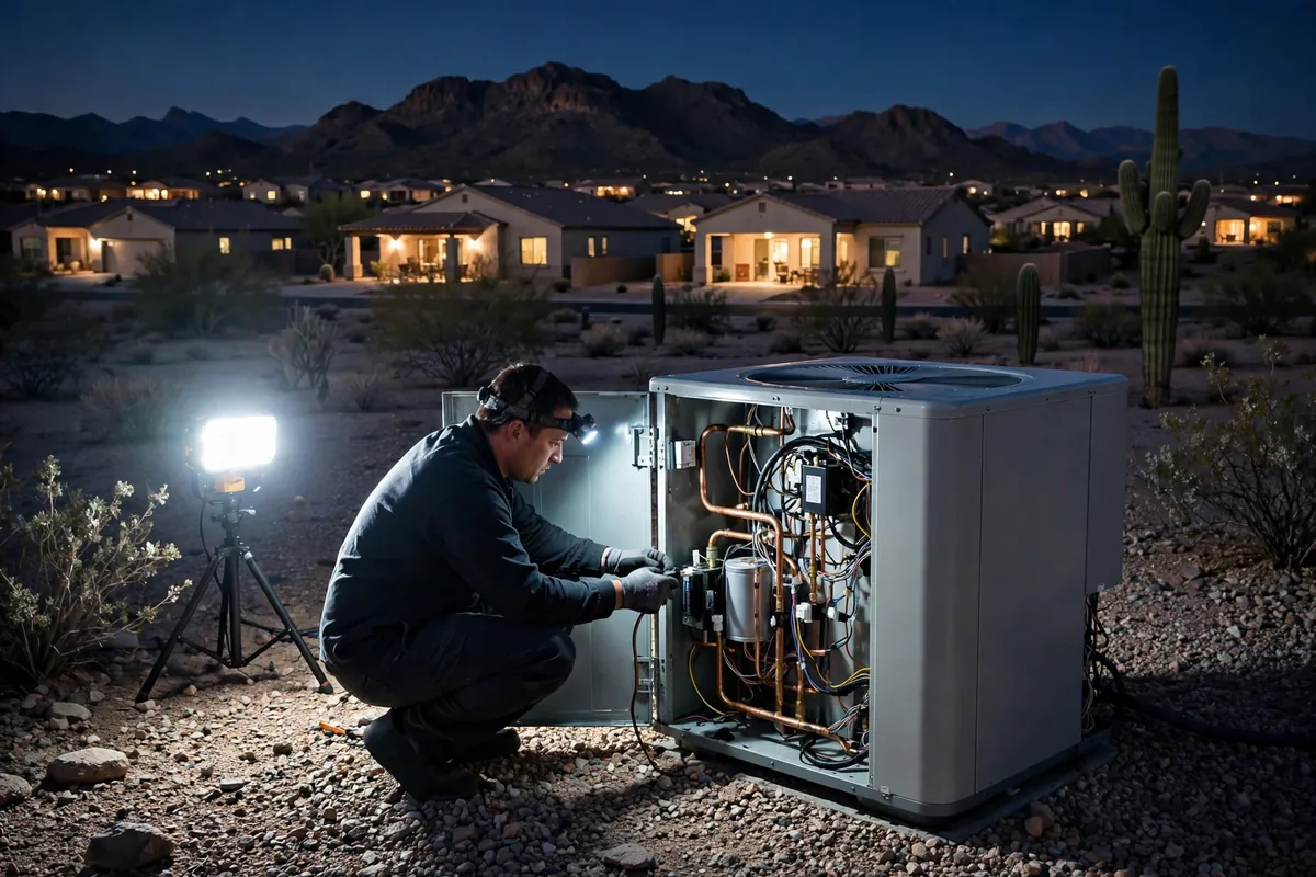 Emergency AC Repair San Tan Valley, AZ — emergency repair work on a condenser in the heat