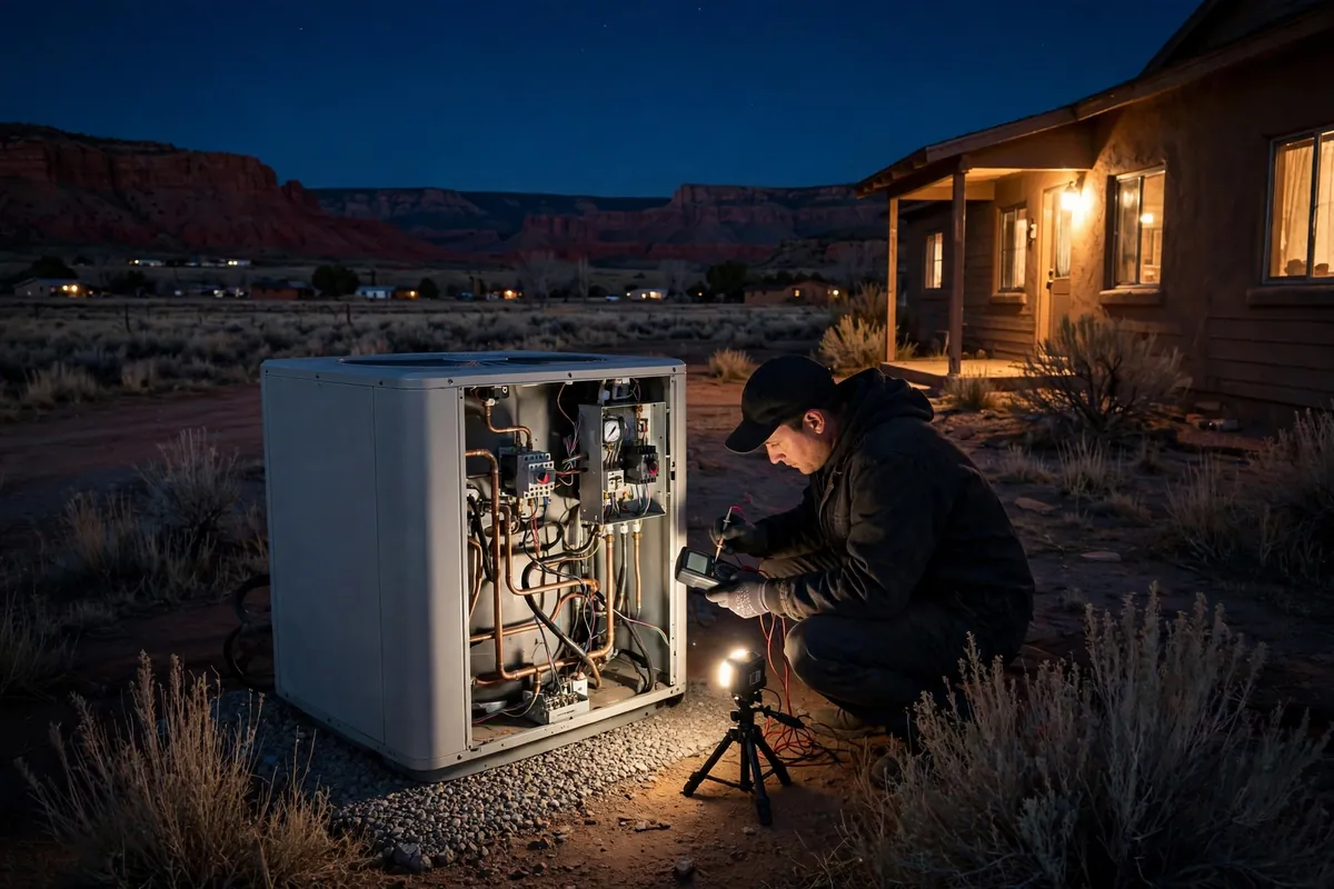 Emergency AC Repair Sanders, AZ — a technician restoring cooling at dusk