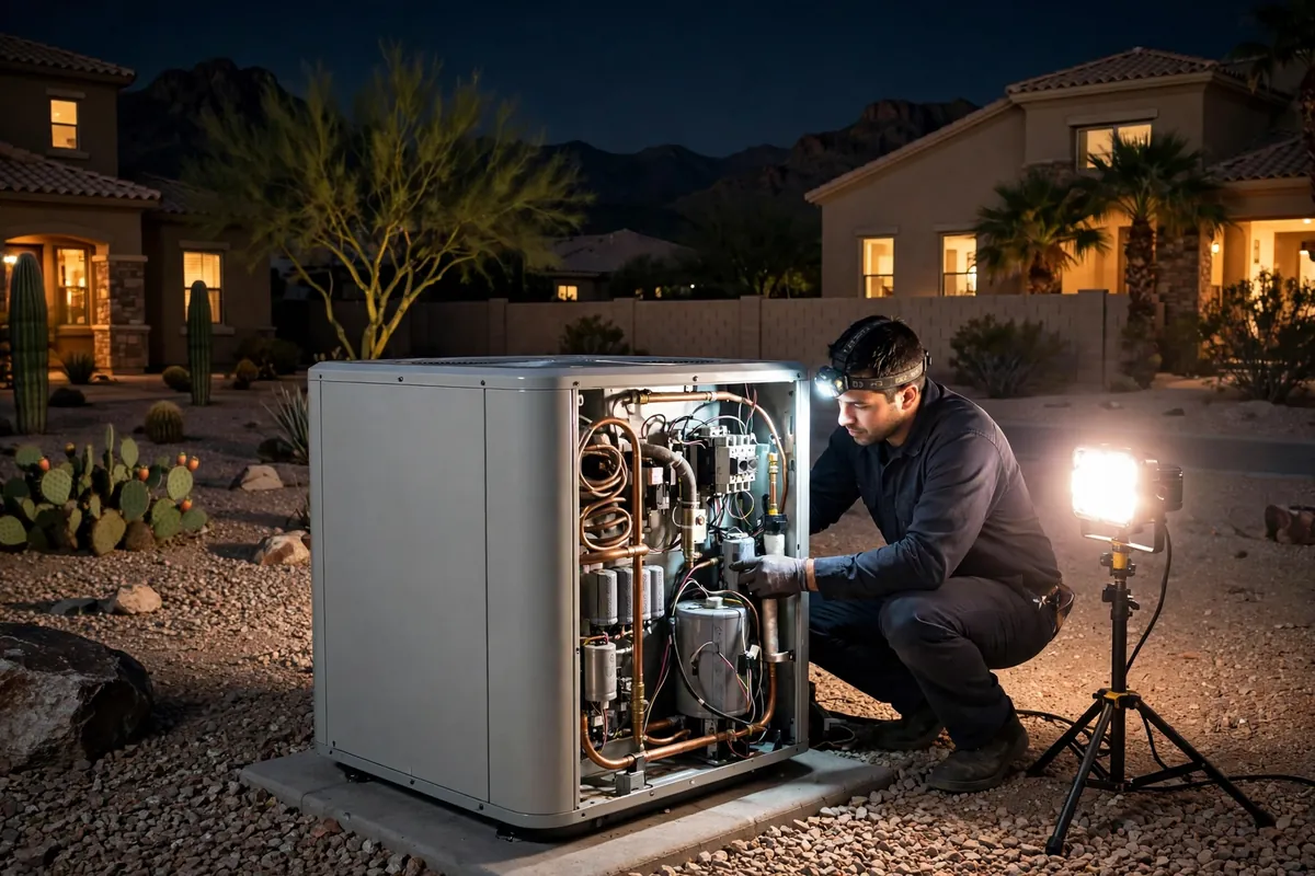 Emergency AC Repair Scottsdale, AZ — emergency repair work on a condenser in the heat