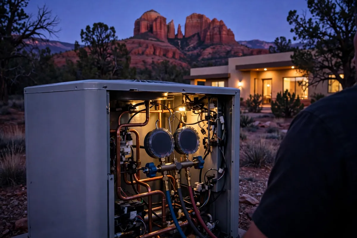 Emergency AC Repair Sedona, AZ — emergency repair work on a condenser in the heat