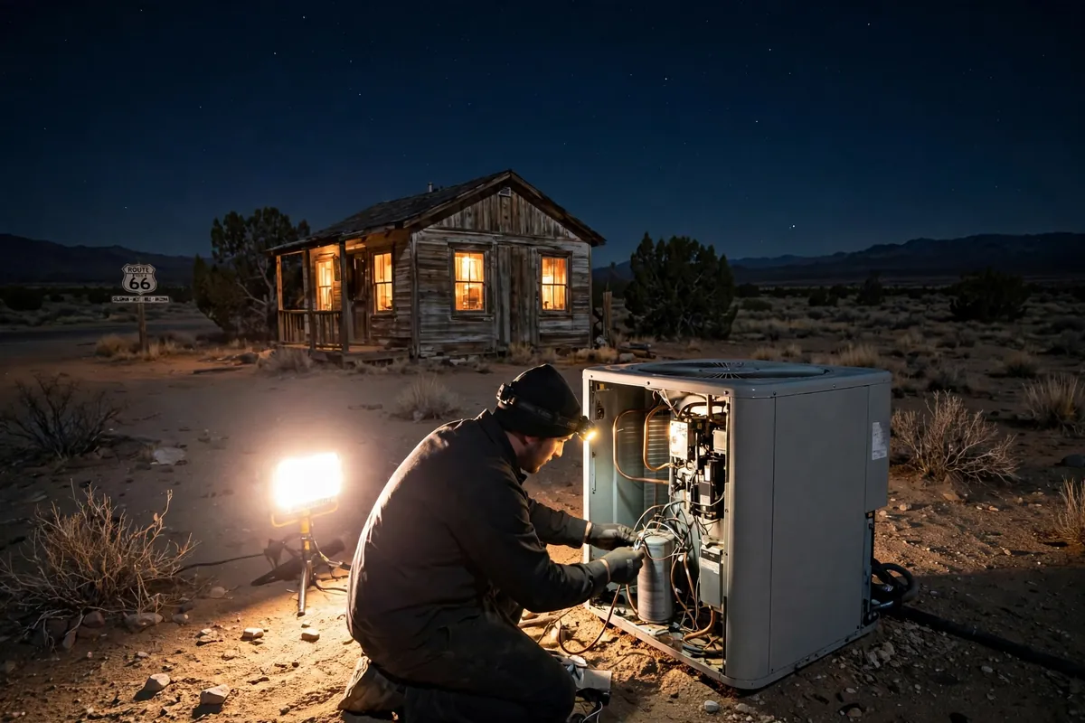 Emergency AC Repair Seligman, AZ — a technician restoring cooling at dusk