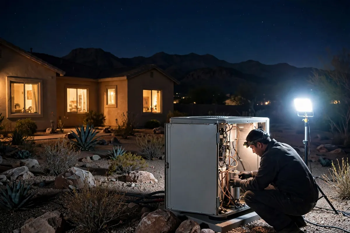 Emergency AC Repair Sierra Vista, AZ — a technician restoring cooling at dusk
