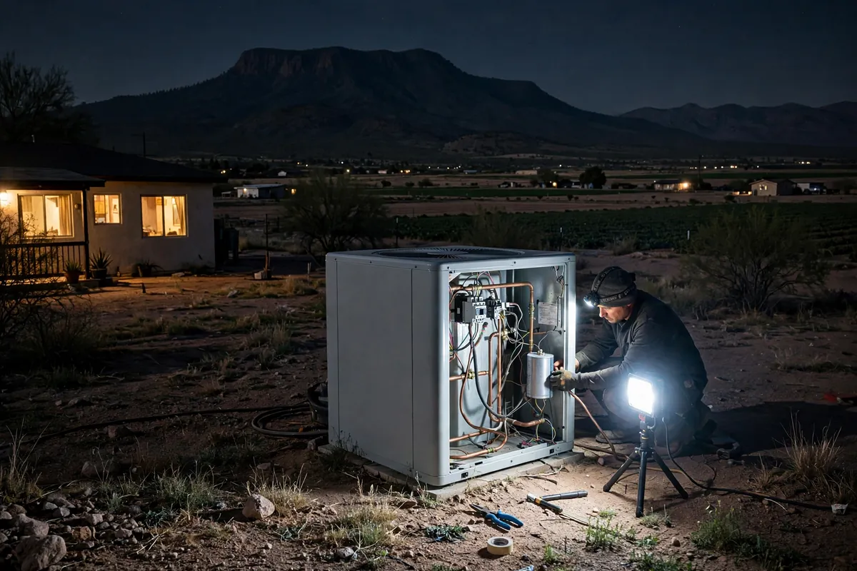 Emergency AC Repair Solomon, AZ — a pro checking gauges on a failed unit
