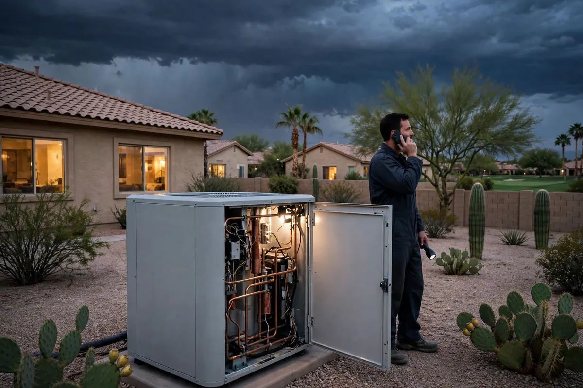 Emergency AC Repair Sun City, AZ — a pro checking gauges on a failed unit