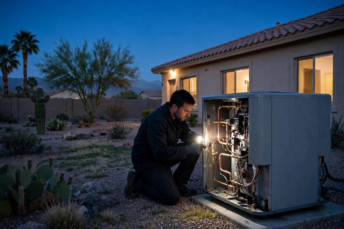 Emergency AC Repair Sun City West, AZ — a pro checking gauges on a failed unit