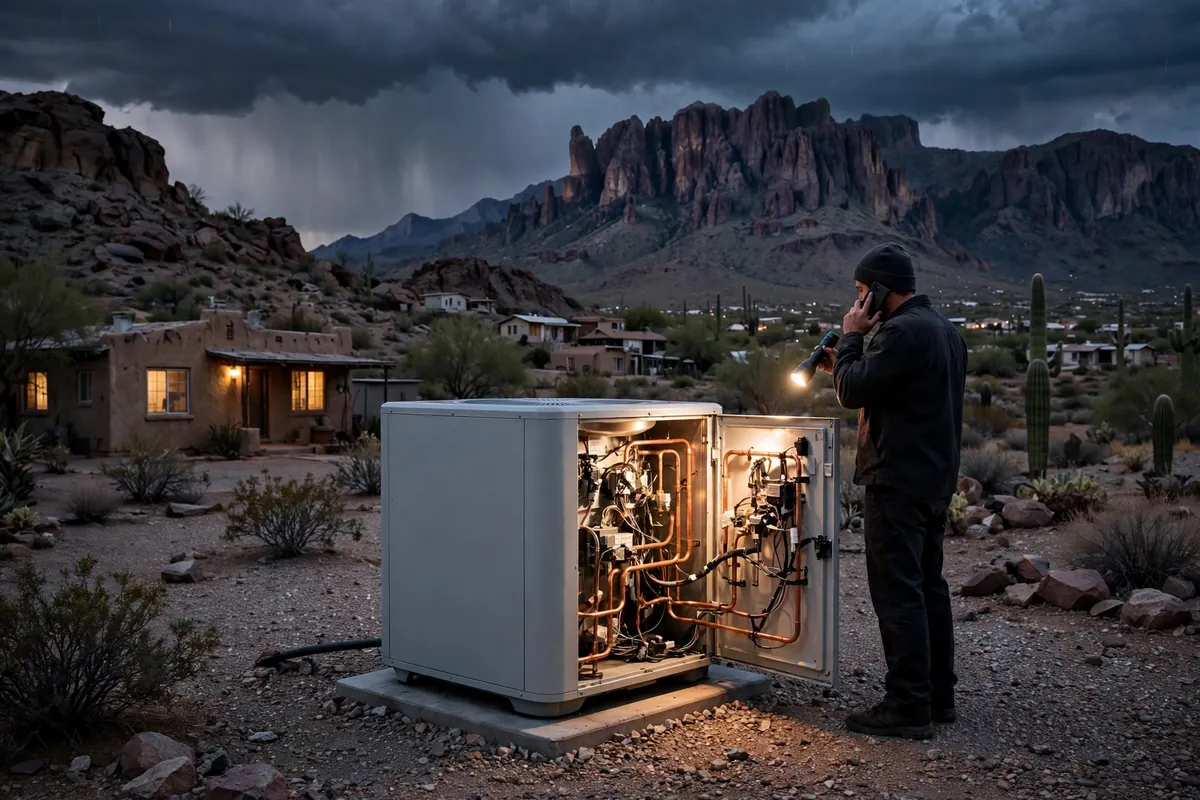 Emergency AC Repair Superior, AZ — a technician restoring cooling at dusk