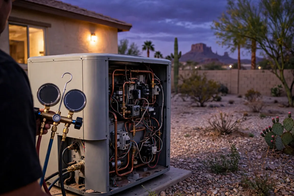 Emergency AC Repair Tempe, AZ — a technician restoring cooling at dusk