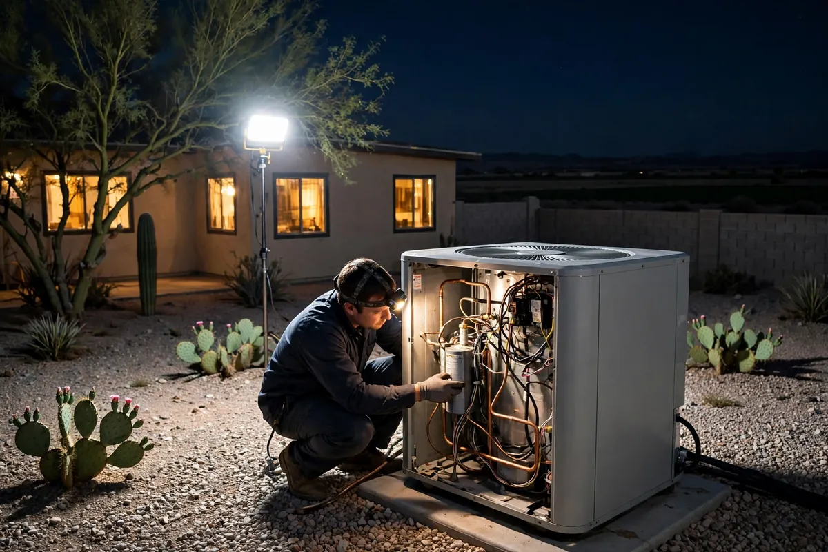 Emergency AC Repair Tolleson, AZ — a pro checking gauges on a failed unit