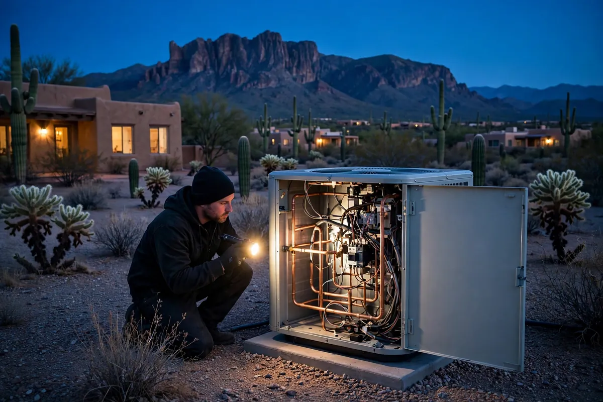 Emergency AC Repair Tucson, AZ — a technician restoring cooling at dusk