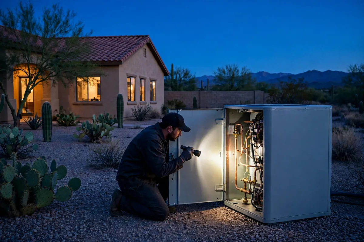 Emergency AC Repair Waddell, AZ — a technician restoring cooling at dusk