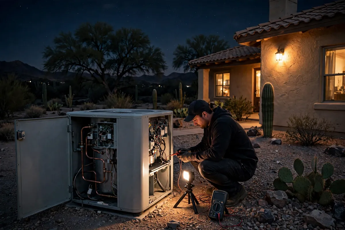 Emergency AC Repair Wickenburg, AZ — a technician restoring cooling at dusk
