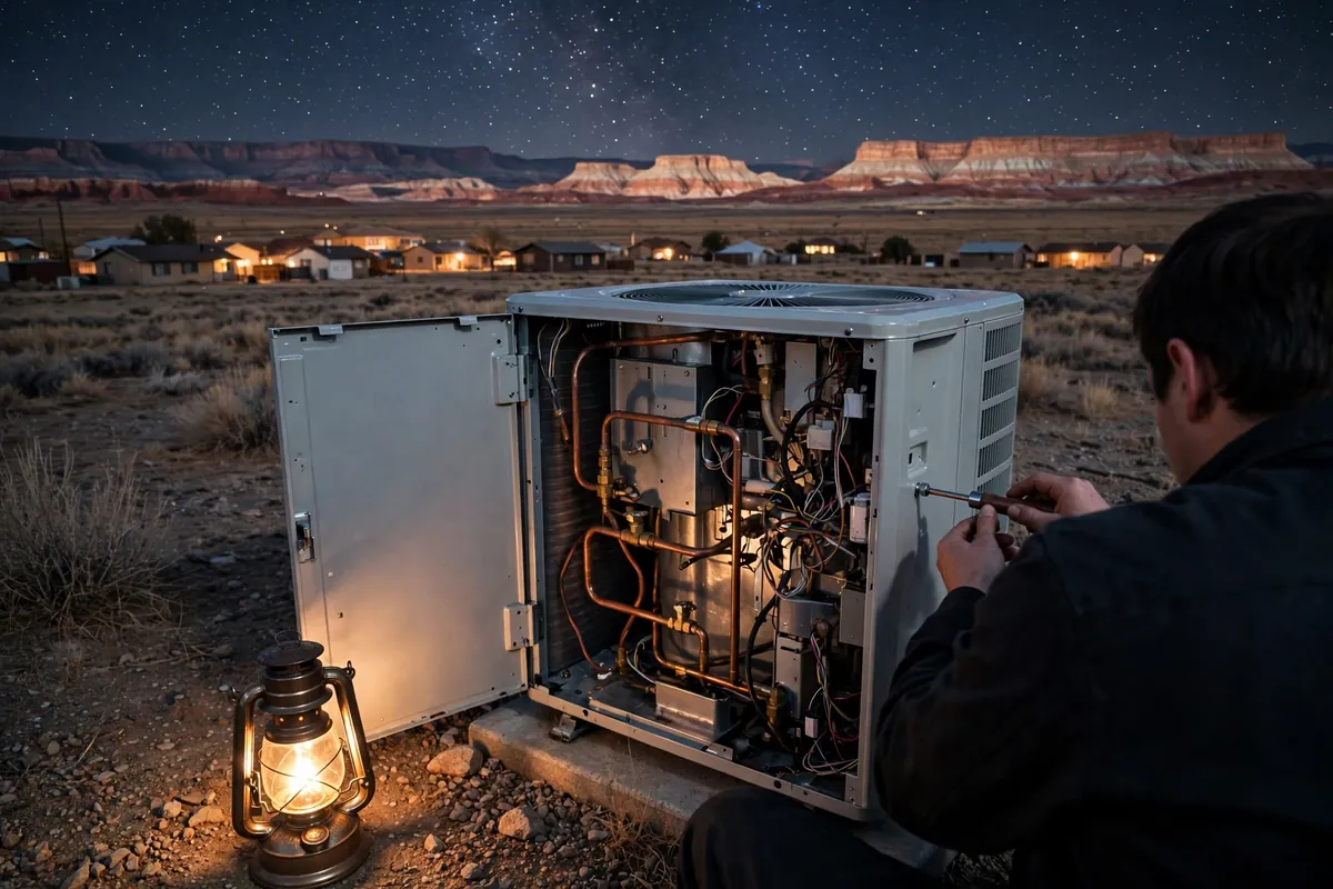 Emergency AC Repair Winslow, AZ — emergency repair work on a condenser in the heat